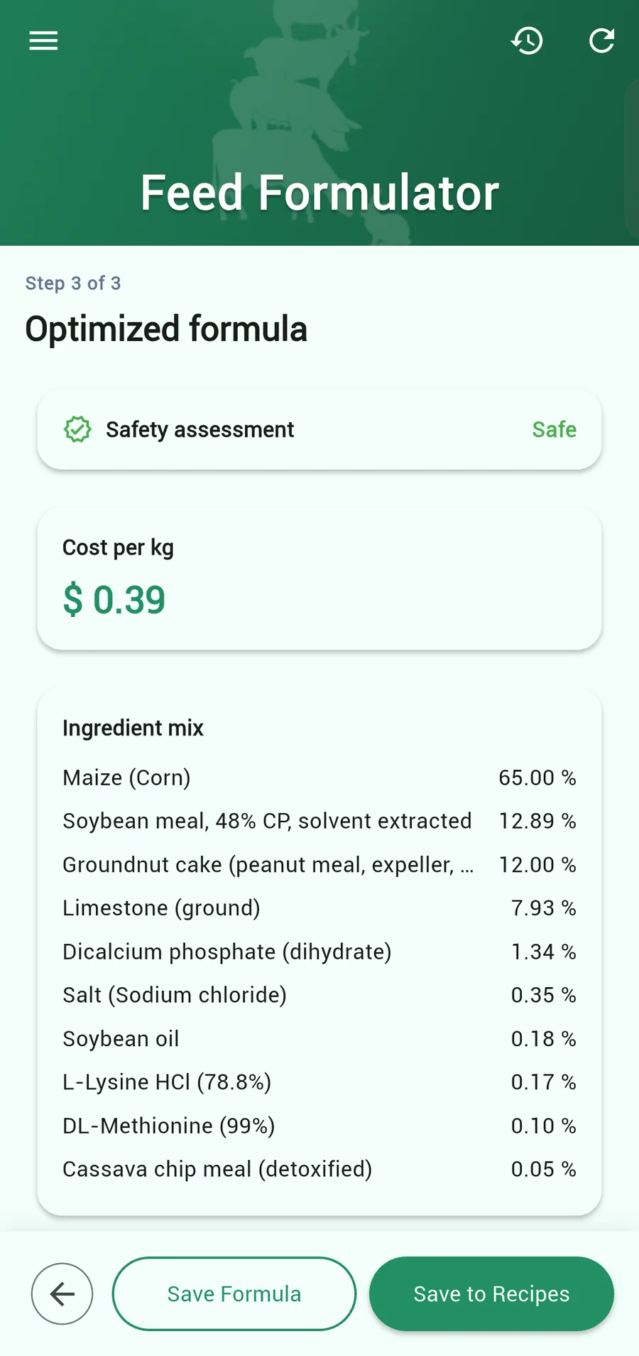 Feed Estimator optimized layer formula: safety assessment passed, 0.39 dollars per kg, 65% maize with soybean meal, groundnut cake and limestone