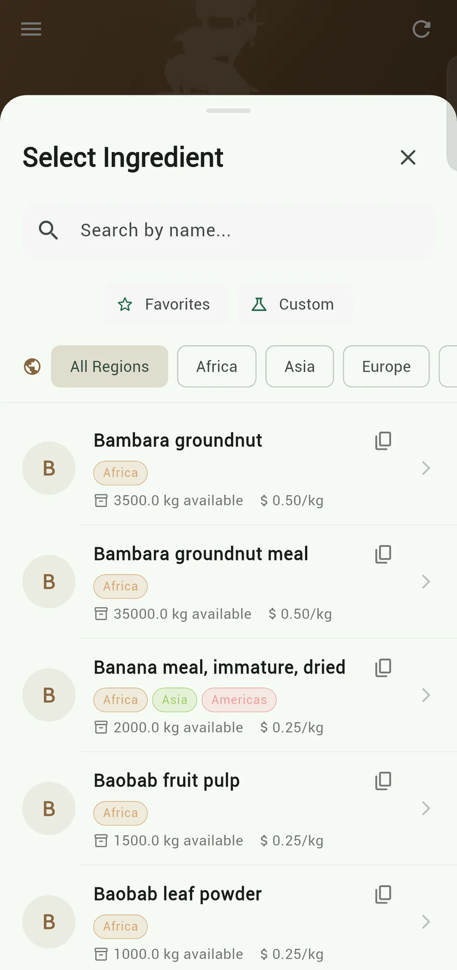 Ingredient picker with region filters: Bambara groundnut, banana meal and baobab, each with its regions, stock and price