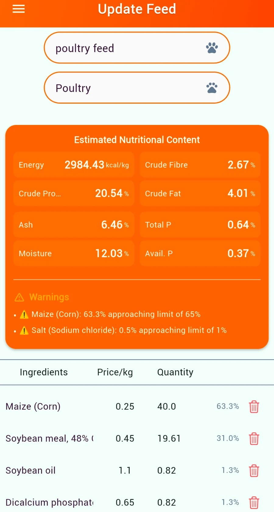 Feed Estimator ingredient formulation with live nutritional breakdown
